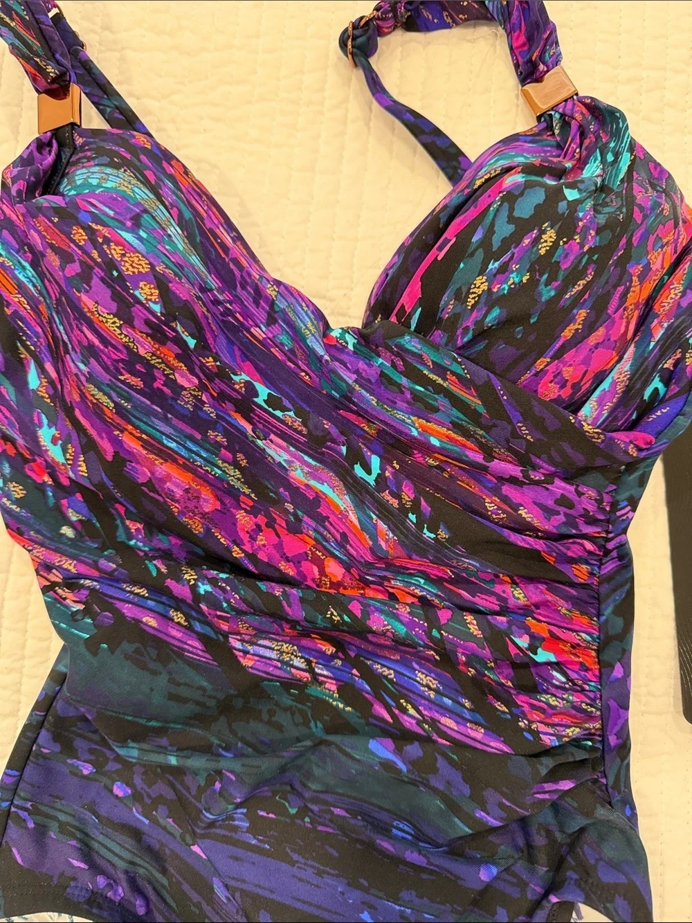 NWT Miraclesuit Dark Purple Multi-Print Ruched One-Piece Swimsuit sz 6
